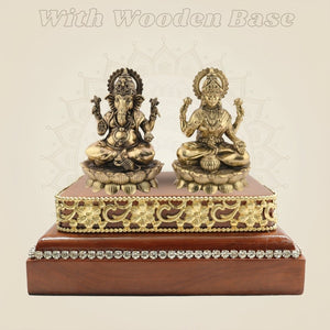 Brass Lakshmi Ganesh Idol on Square Wooden Base