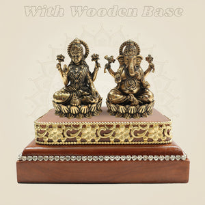 Brass Lakshmi Ganesh Idol on Square Wooden Base