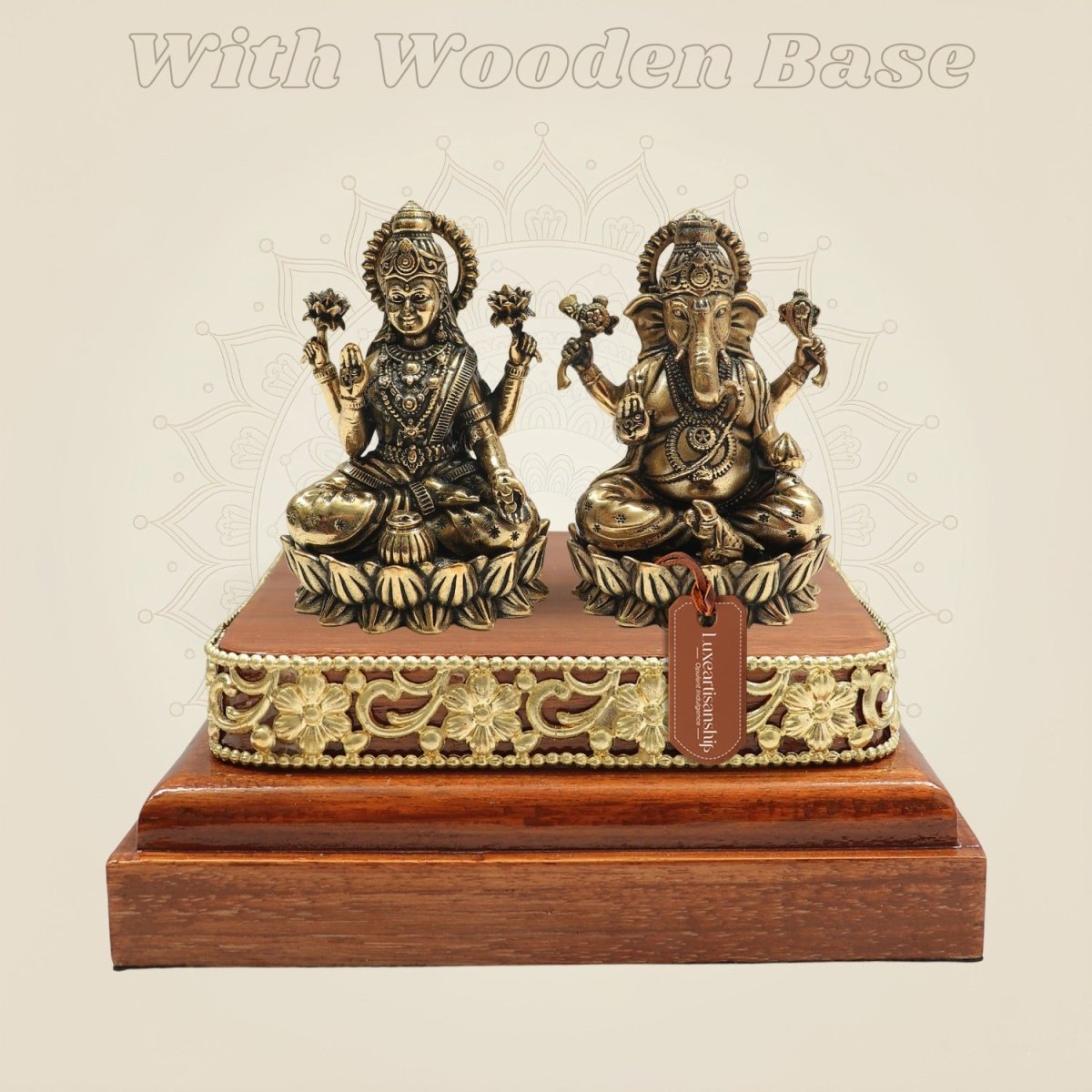 Laxmi Ganesh Brass Idol on Wooden Base