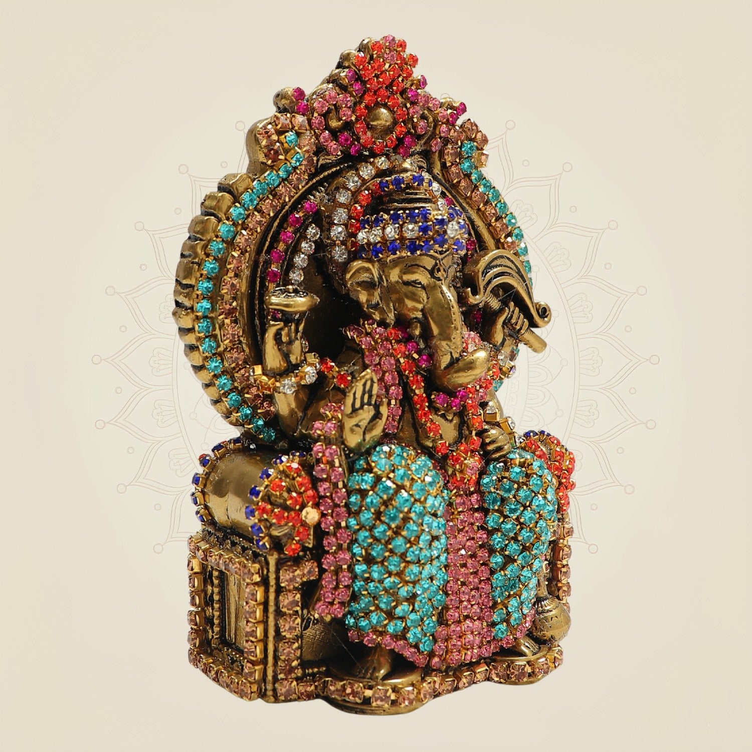 4″ Chaturbhuj Ganesh Brass Idol on Singhasan with Fine Rhinestone Stone Work
