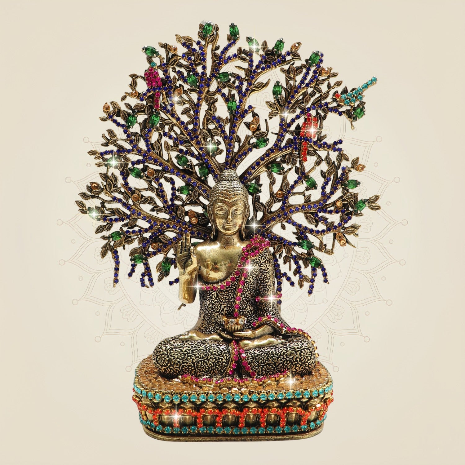 Brass Buddha Statue Under Bodhi Tree 6.5″ with Fine Jewellery Stone Work