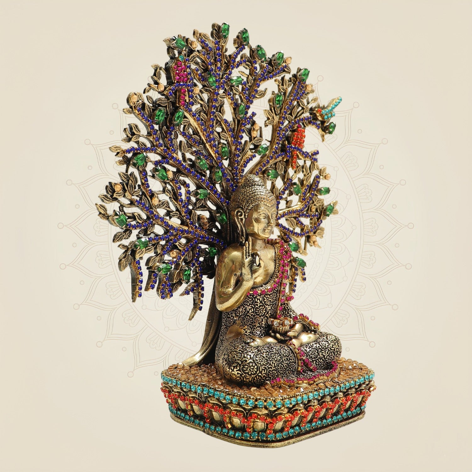 Brass Buddha Statue Under Bodhi Tree 6.5″ with Fine Jewellery Stone Work