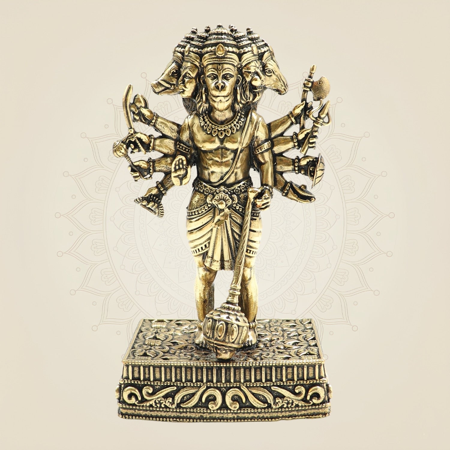 Brass Panchmukhi Hanuman Idol 4.75" - Standing Five-Faced Bajrangbali Statue