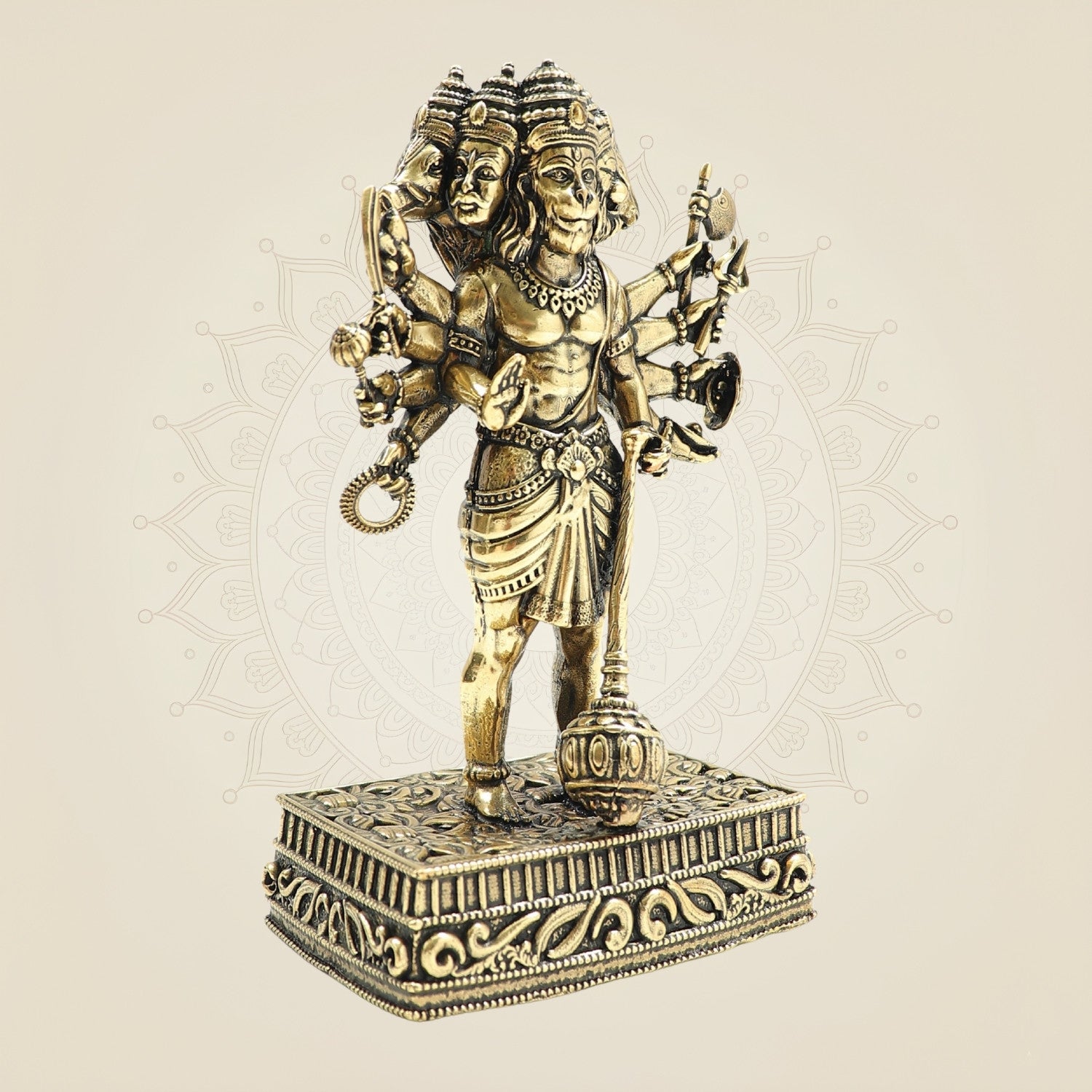 Brass Panchmukhi Hanuman Idol 4.75" - Standing Five-Faced Bajrangbali Statue