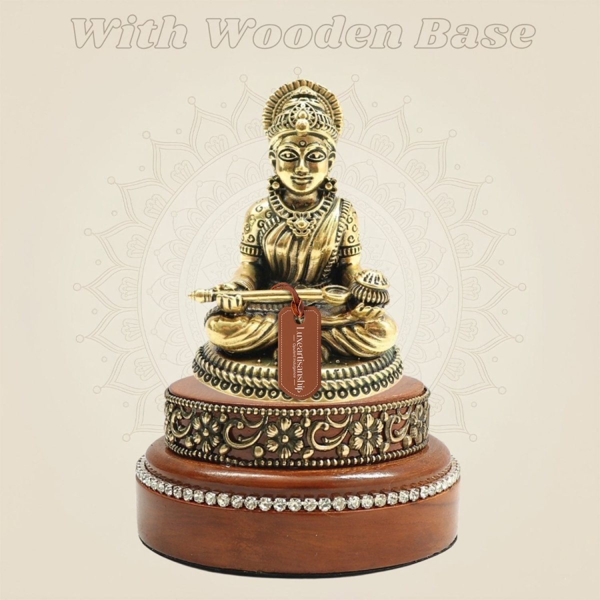 Brass Annapurna Devi Murti on Round Wooden Base for Home Temple