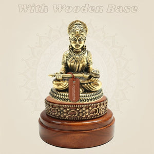 3.25 inch Brass Annapurna Devi Idol on Smooth Round Wooden Base