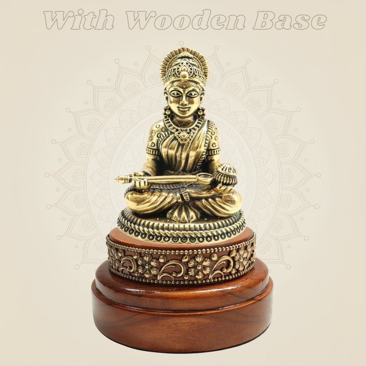 Brass Annapurna Devi Murti on a Smooth Round Wood Base