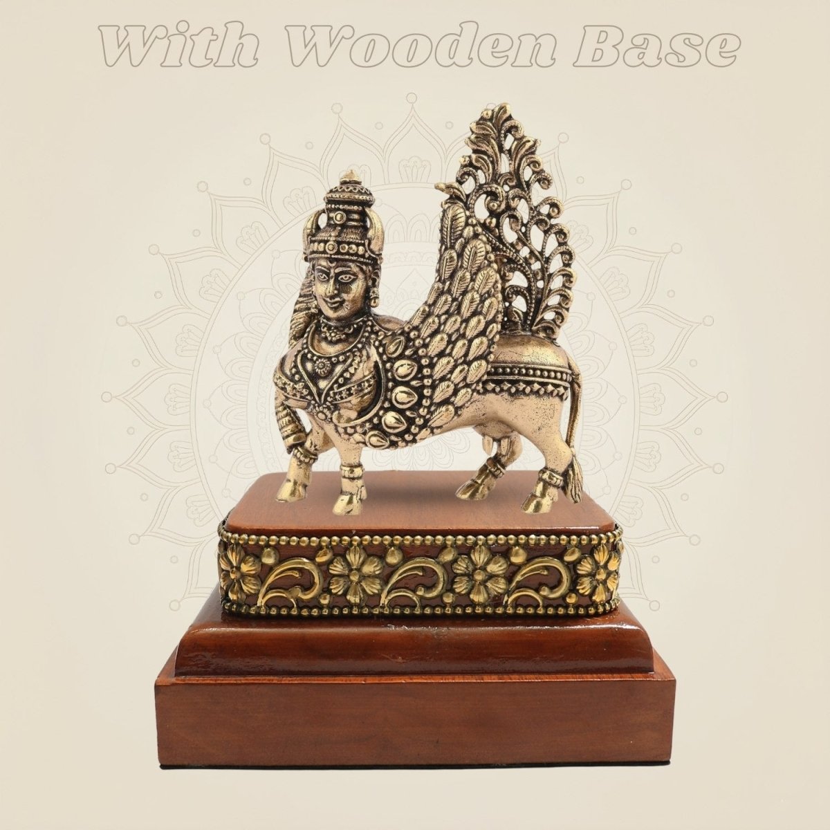 Brass Kamdhenu Cow Idol on Wooden Base - Luxeartisanship