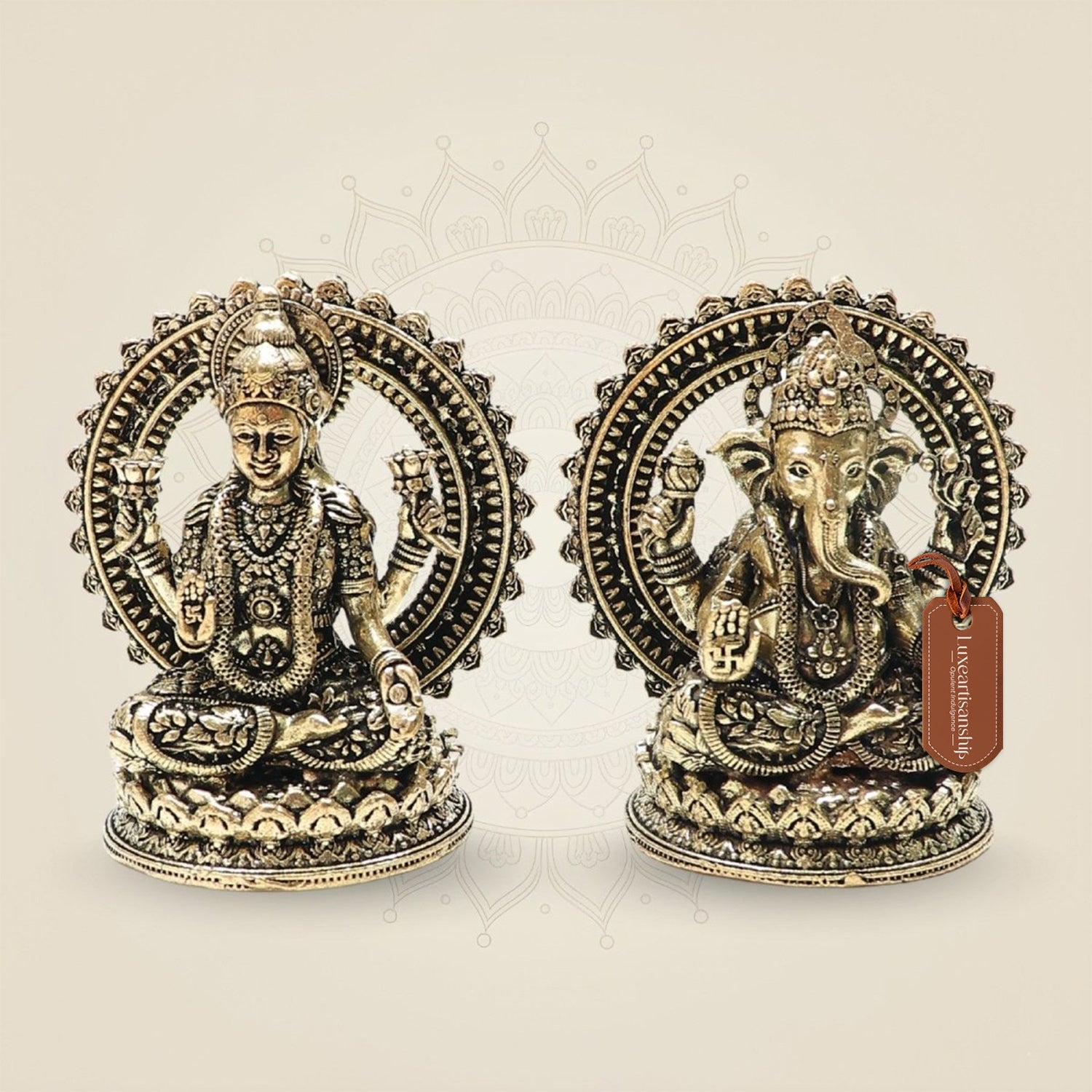 3" Brass Lakshmi Ganesha Idol & Statue for Wealth, Luck & Positive Energy - Luxeartisanship