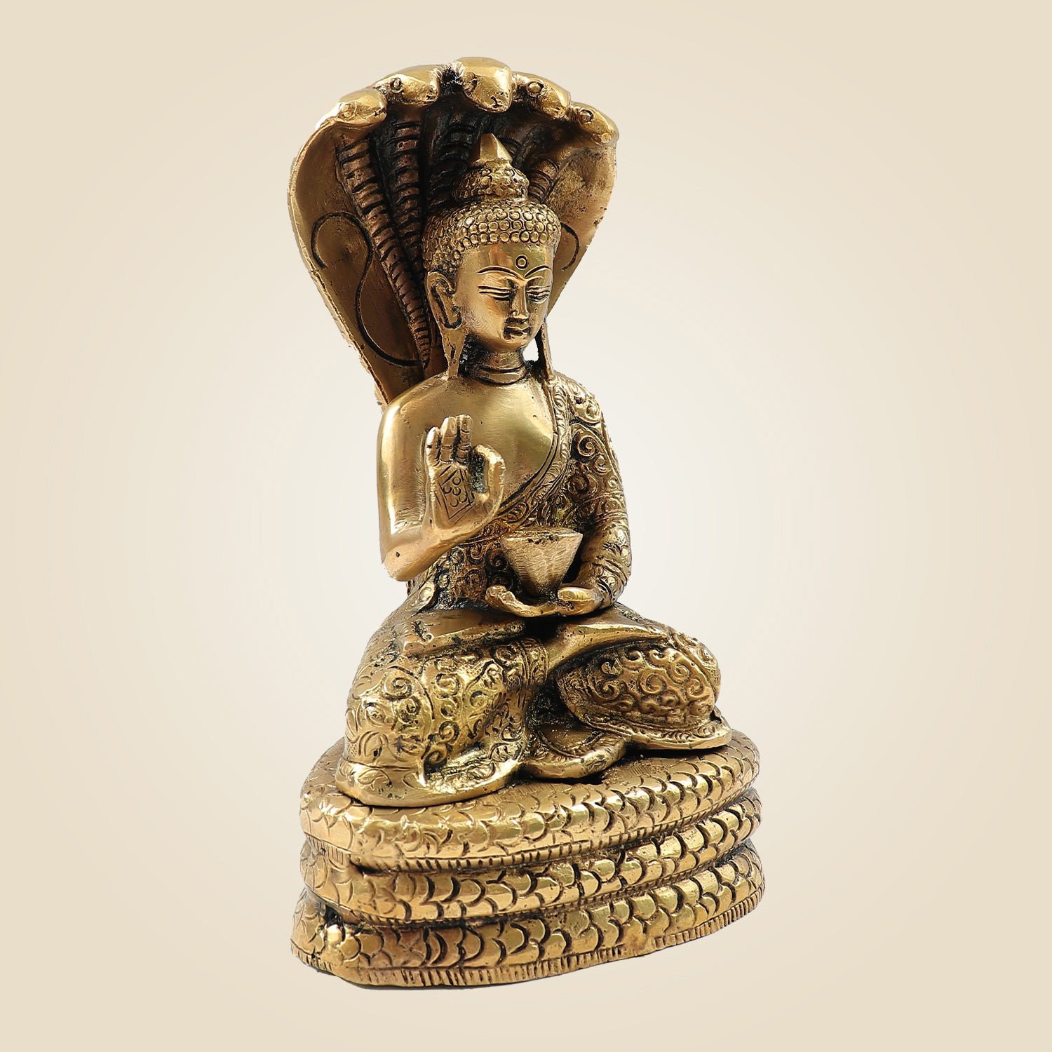 Serene Brass Buddha under Naga Hood – Spiritual Idol for Home & Temple 7.75"