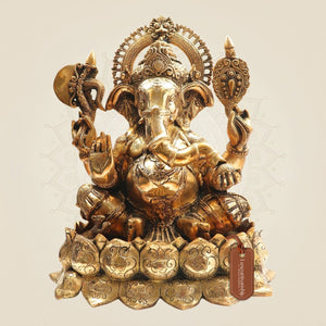 19" Big Size Brass Ganesha Idol on Lotus Base for Worship - Luxeartisanship