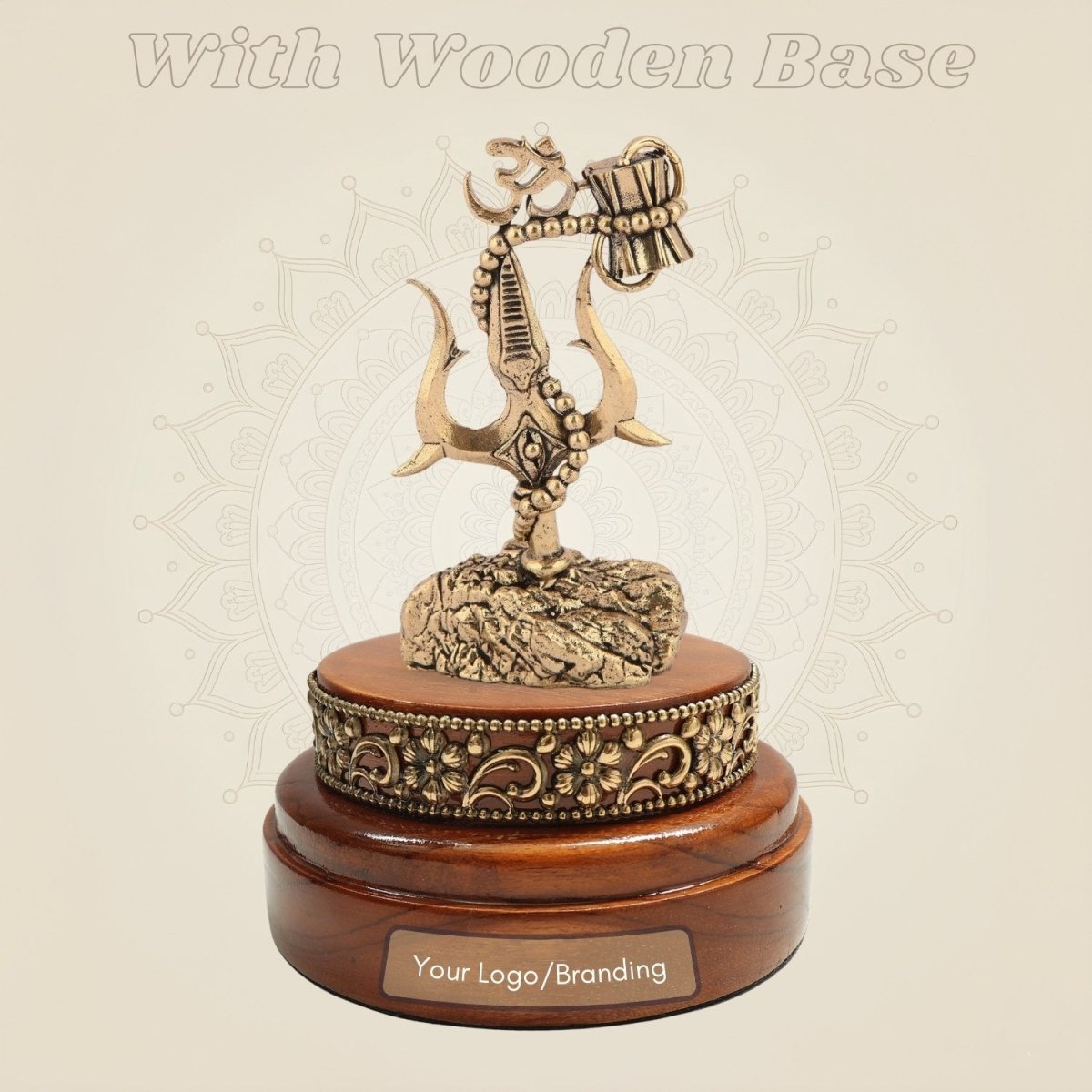 3.75" Brass Trishul with Damru & Om on Round Wooden Base for Shiva Pooja - Luxeartisanship