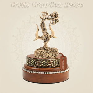3.75" Brass Trishul with Damru & Om on Round Wooden Base for Shiva Pooja - Luxeartisanship