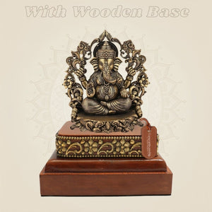 3.75" Lord Ganesha Darbar Brass Idol on Square Wooden Base for Pooja - Luxeartisanship