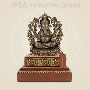 3.75" Lord Ganesha Darbar Brass Idol on Square Wooden Base for Pooja - Luxeartisanship