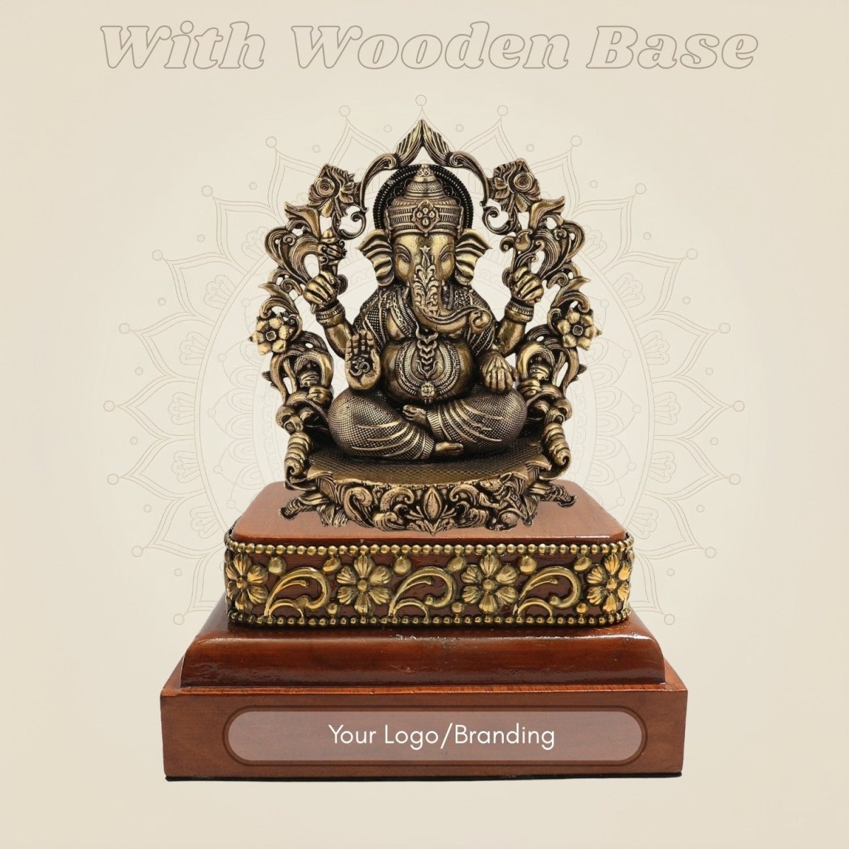 3.75" Lord Ganesha Darbar Brass Idol on Square Wooden Base for Pooja - Luxeartisanship