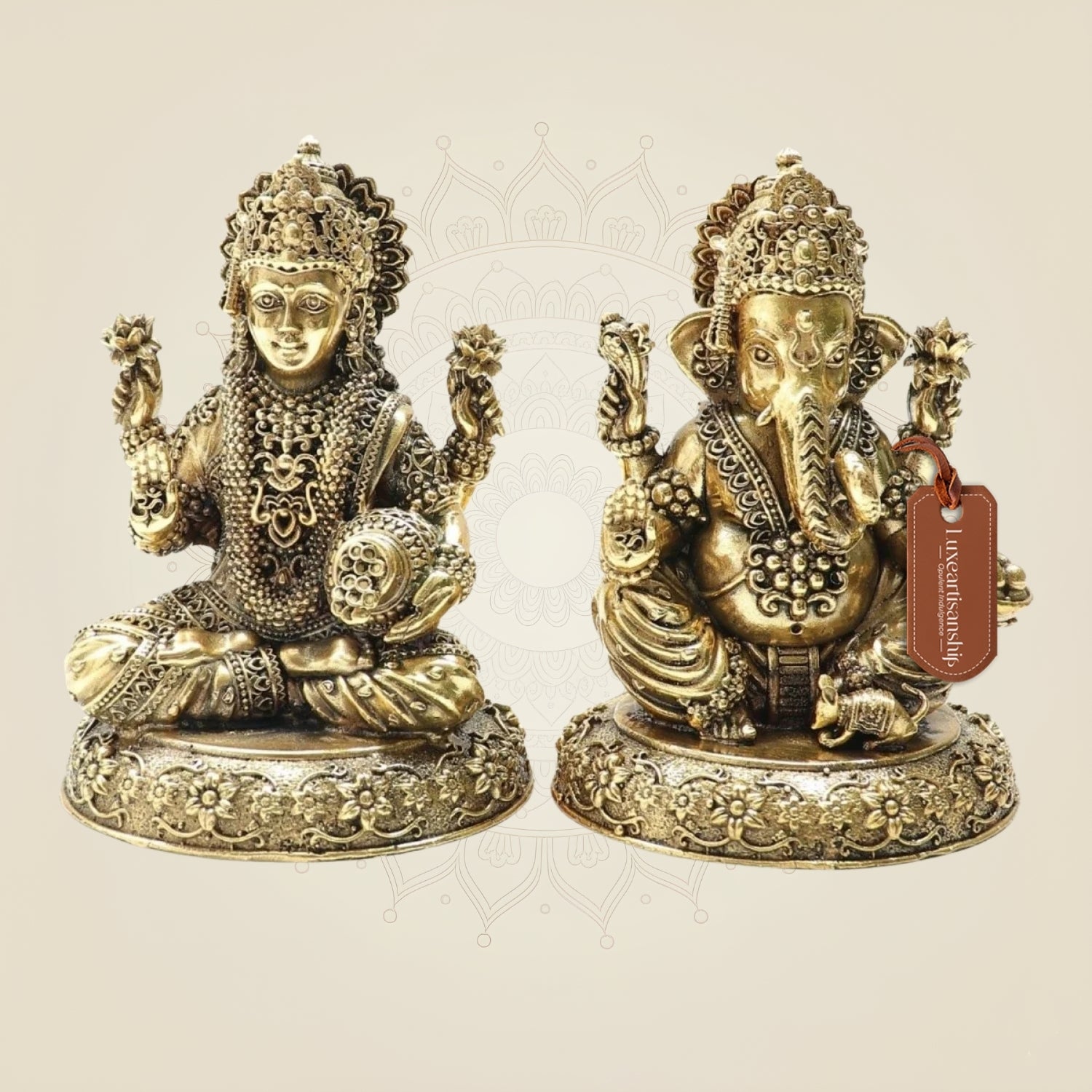 Brass Lakshmi and Ganesha Idol Pair 4" – Detailed Decorative Set - Luxeartisanship
