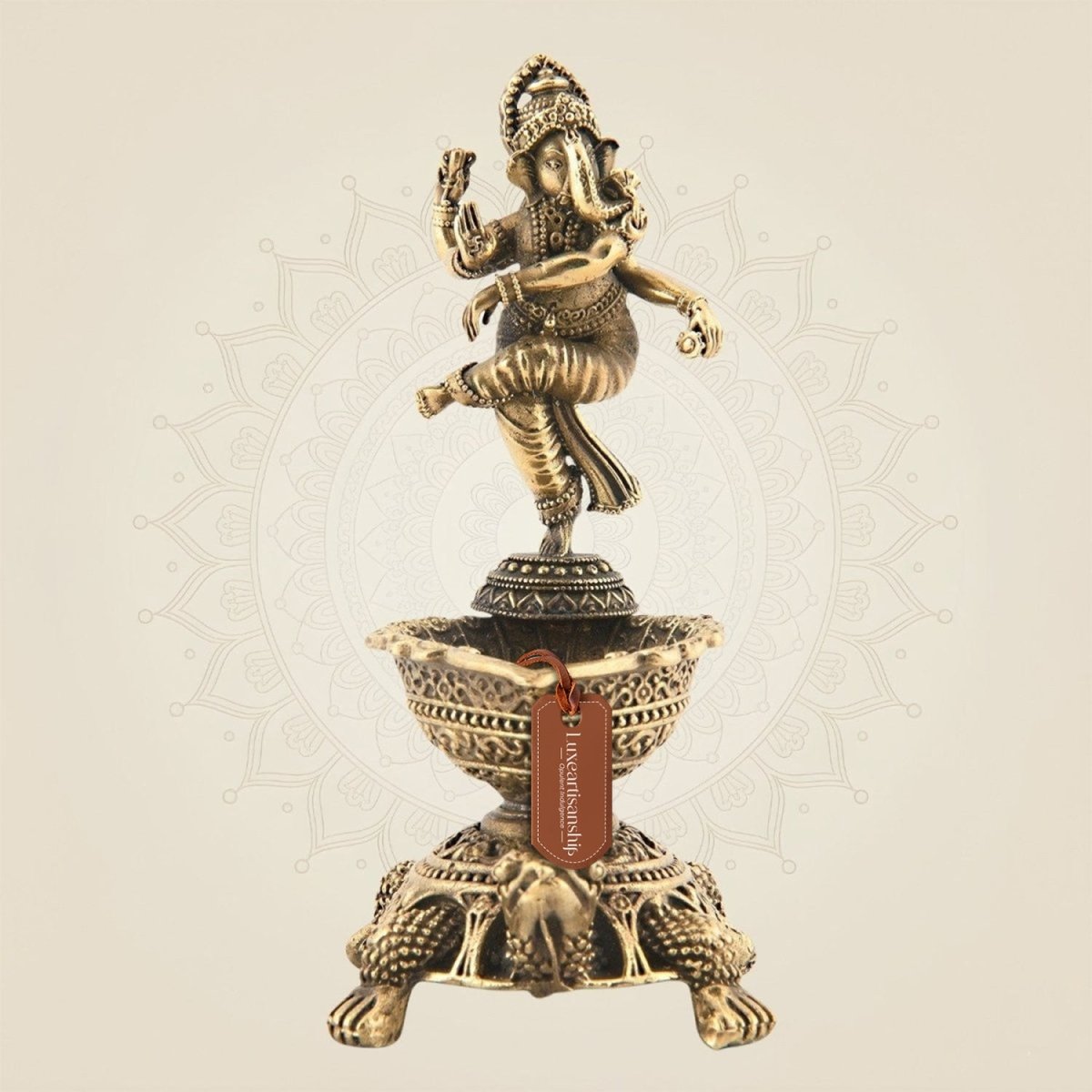 4" Brass Diya with Dancing Ganesha – Spiritual Oil Lamp for Puja & Decor - Luxeartisanship