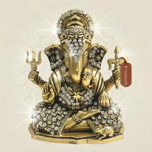4" Brass Ganesha Statue in Fierce Form with Jewellery Stone Detailing - Luxeartisanship