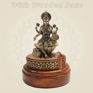 4" Brass Laxmi Idol with Round Wooden Base Decorative Statue - Luxeartisanship