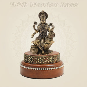 4" Brass Laxmi Idol with Round Wooden Base Decorative Statue - Luxeartisanship