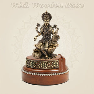4" Brass Laxmi Idol with Round Wooden Base Decorative Statue - Luxeartisanship