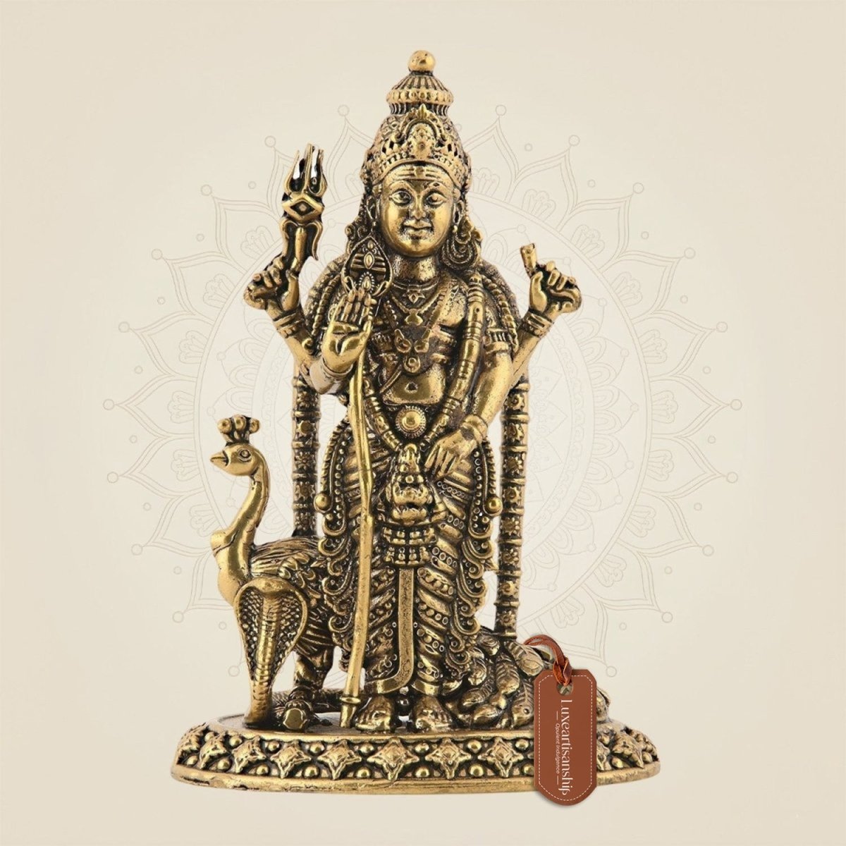 4" Brass Lord Kartikeya with Peacock