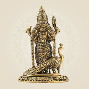 4" Brass Lord Kartikeya with Peacock – Superfine Murugan Standing Idol - Luxeartisanship