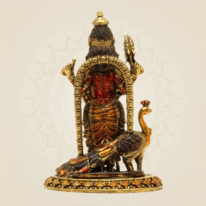 Brass Lord Kartikeya with Peacock – Superfine Murugan Standing Murti