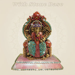 4β³ Chaturbhuj Ganesh Brass Idol on Singhasan with Fine Rhinestone Stone Work - Luxeartisanship