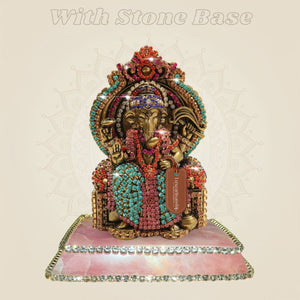 4″ Chaturbhuj Ganesh Brass Idol on Singhasan with Fine Rhinestone Stone Work - Luxeartisanship
