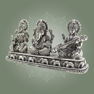 Ganesha Laxmi Saraswati Brass Silver Idol β Trimurti Set - Luxeartisanship