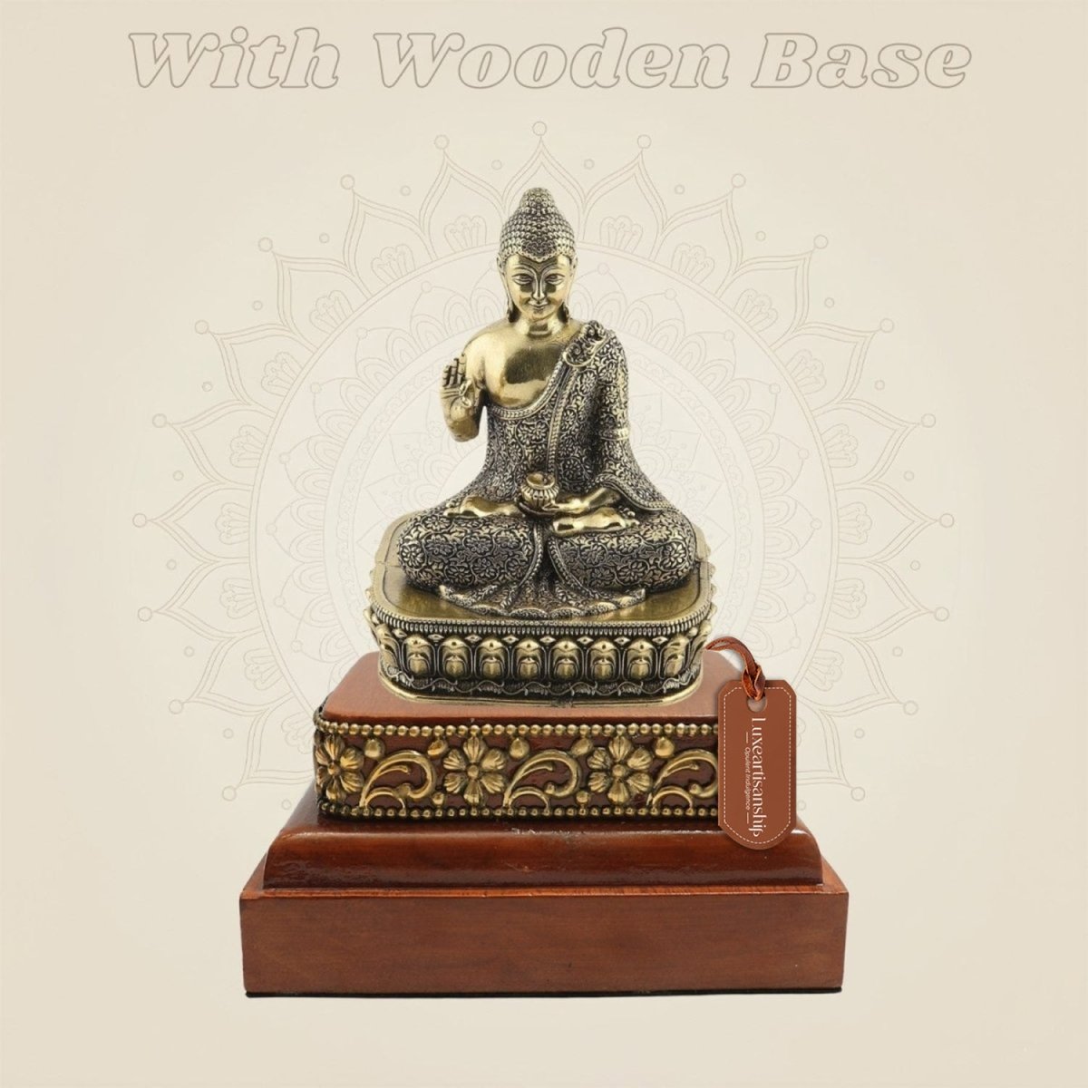 4 inch Meditating Brass Buddha Statue on Square Wooden Base