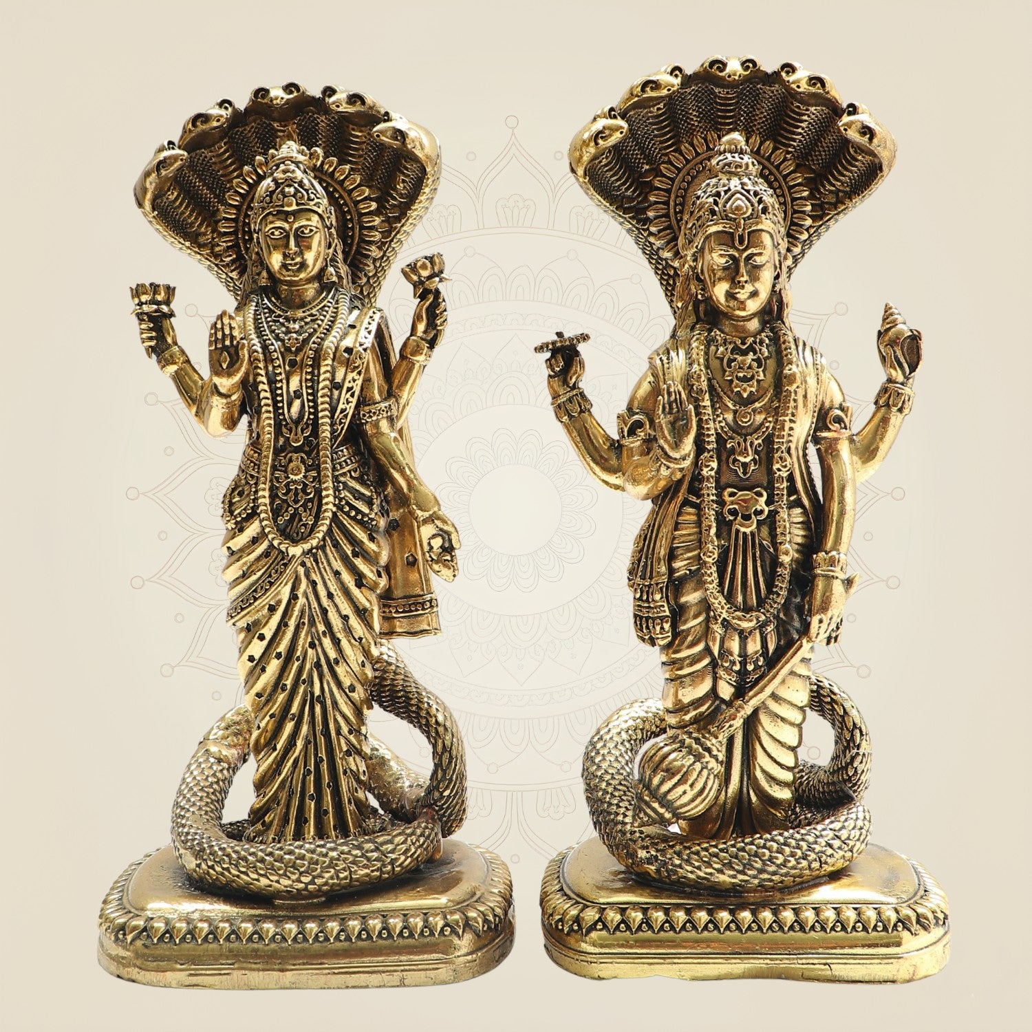 8.5" Brass Lakshmi Vishnu Idol beneath Sheshnag Serpent Hood