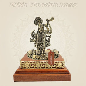 4.25 Inch Brass ShreenathJi Idol on Square Wooden Base for Home Temple - Luxeartisanship