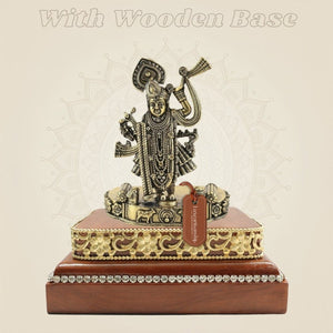 4.25 Inch Brass ShreenathJi Idol on Square Wooden Base for Home Temple - Luxeartisanship
