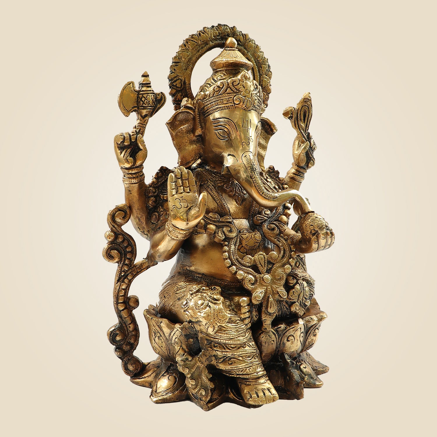 Lord Ganesh on Lotus Brass Idol – Heavy Handcrafted Ganpati Murti - 12.25"