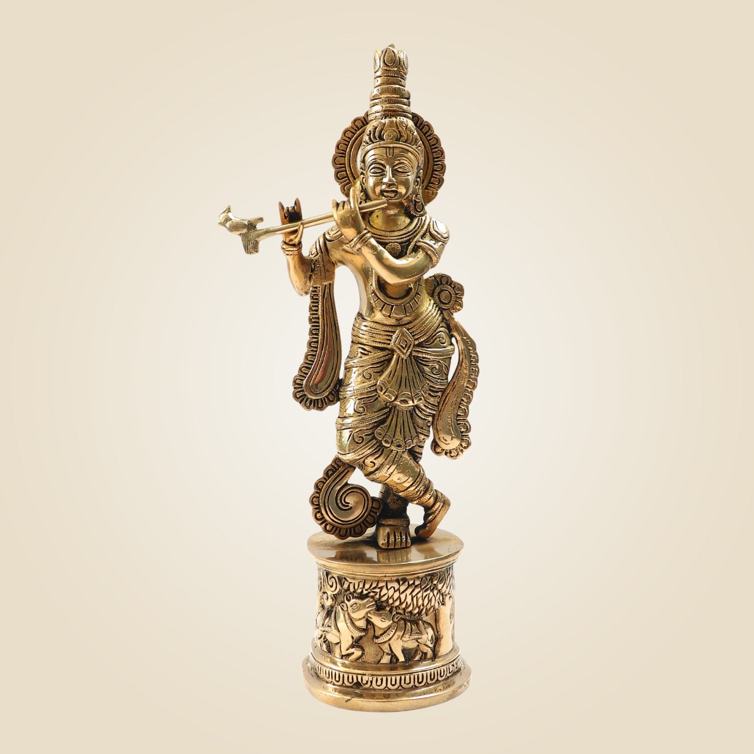 Krishna Brass Idol 15" - Flute Player Murti on Round Base Solid Brass Sculpture