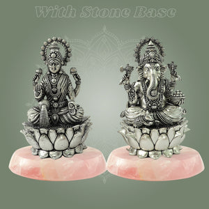 Ganesha Lakshmi Statue - Silver Plated on gemstone