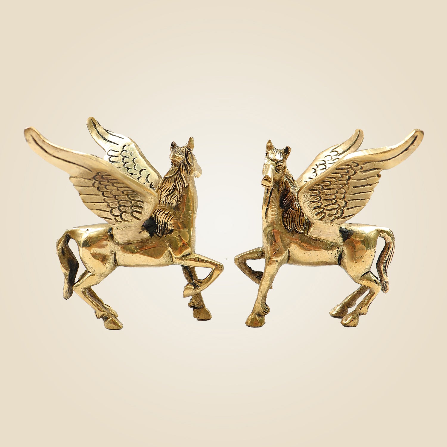 Pair of Brass Winged Horse Idols – Pegasus Style Handcrafted Showpiece - 4.5