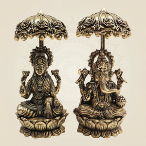 4.5" Umbrella Brass Laxmi Ganesh Idol Pair | Auspicious Vastu Decor - Luxeartisanship