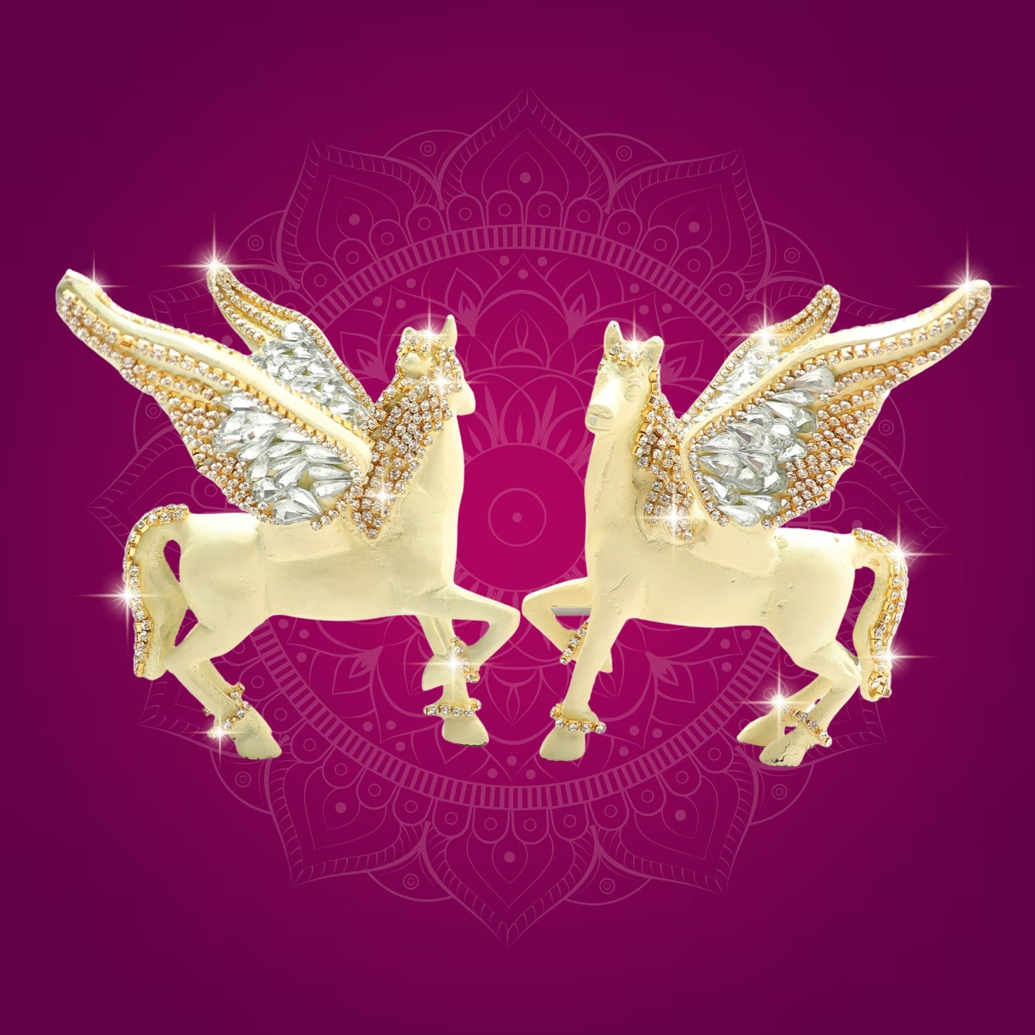 Brass Pegasus Horse Pair Statue 4.5" Decorated with Rhinestones