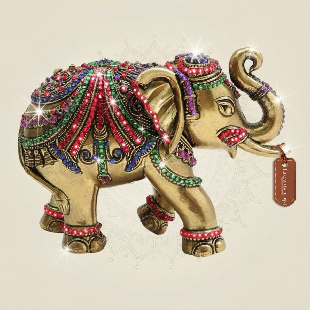 4.75" Brass Elephant Décor Enhanced with Colored Vibrant Stone Work - Luxeartisanship