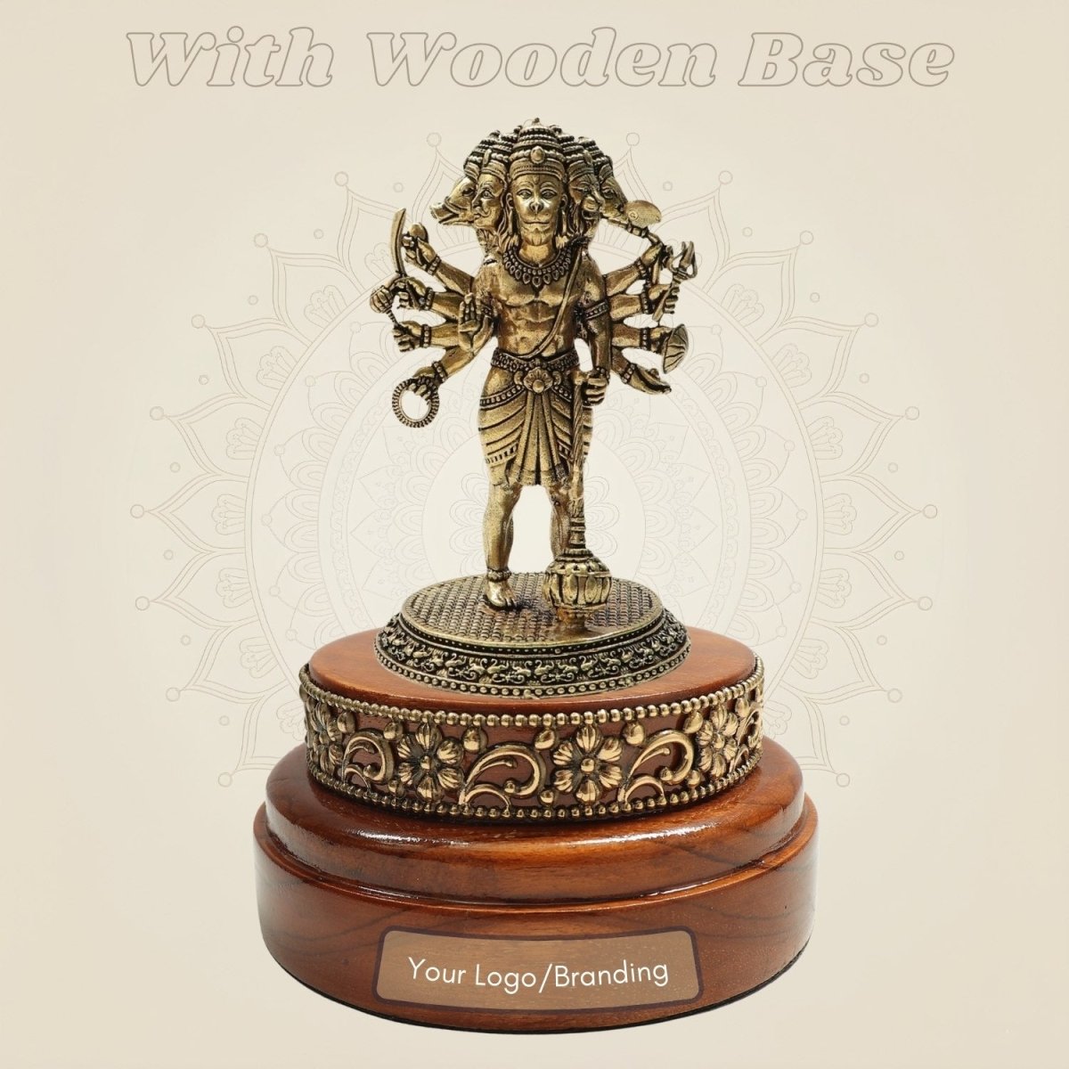 4.75" Five - Faced Hanuman Idol Brass Round Wood Base - Luxeartisanship