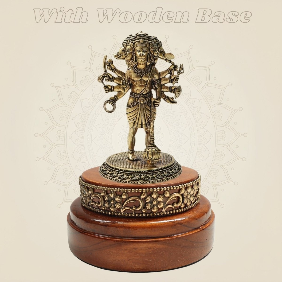 4.75" Five - Faced Hanuman Idol Brass Round Wood Base - Luxeartisanship