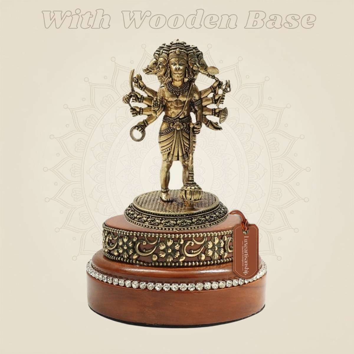 4.75 inch Five-Faced Hanuman Brass Idol on Round Wooden Base