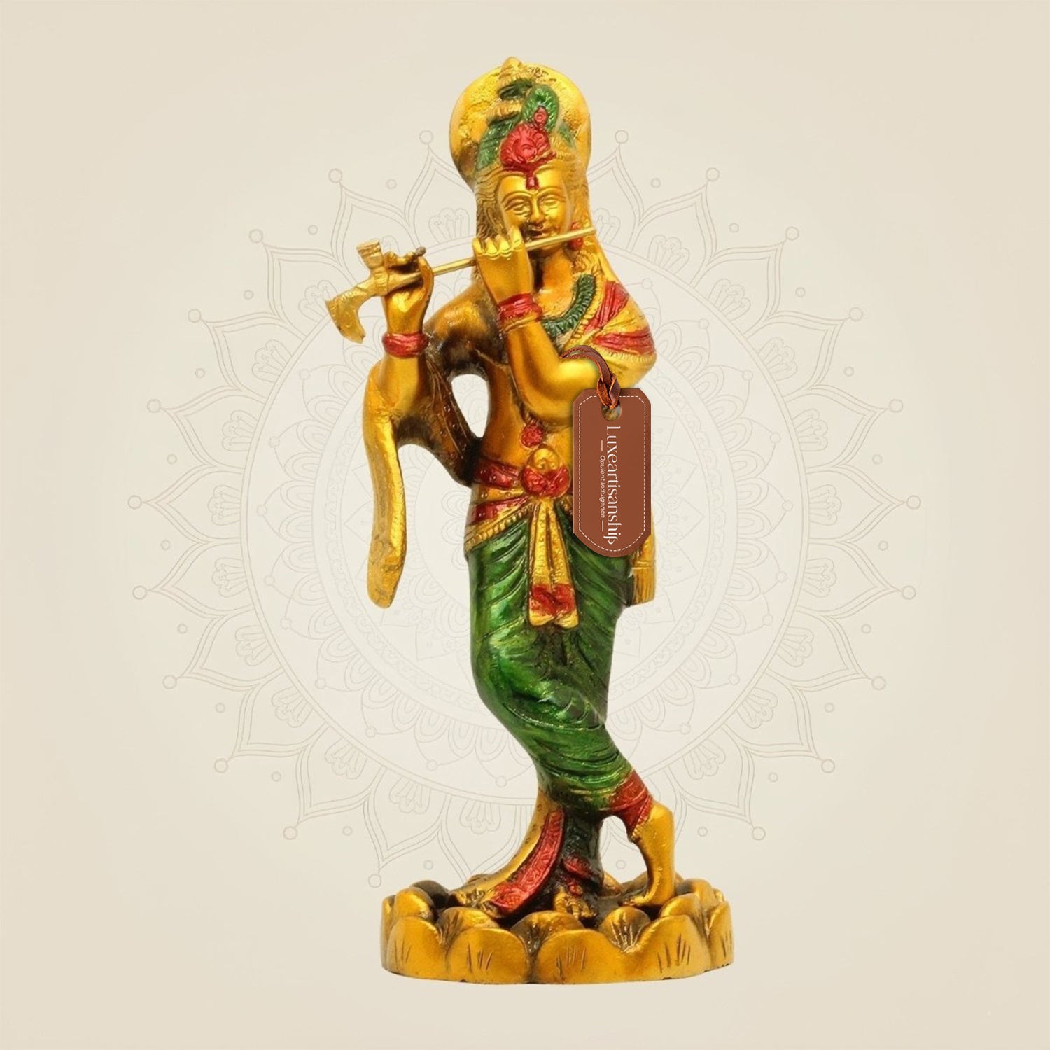 Hand - Painted Brass Krishna Idol 10.25"– Flute Playing Murti for Mandir or Gift - Luxeartisanship