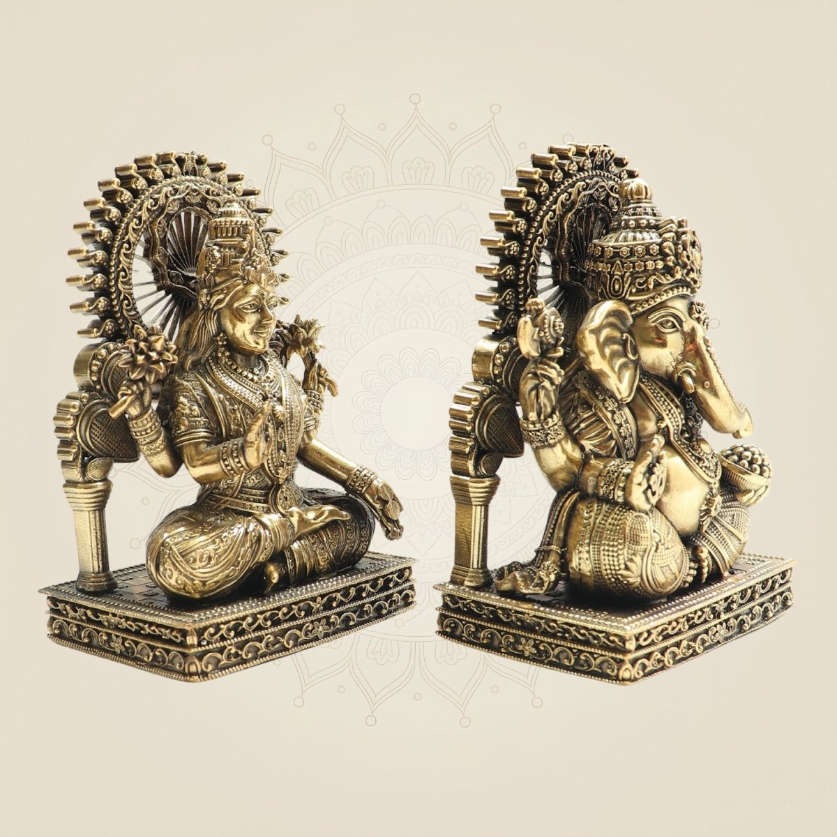 5" Brass Ganesh Lakshmi Murti with Ornamental Temple Arch - Luxeartisanship