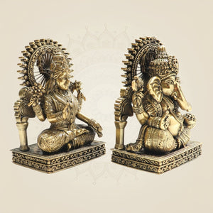 5" Brass Ganesh Lakshmi Murti with Ornamental Temple Arch - Luxeartisanship