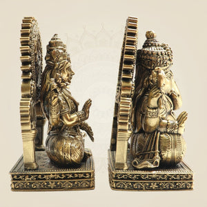 5" Brass Ganesh Lakshmi Murti with Ornamental Temple Arch - Luxeartisanship